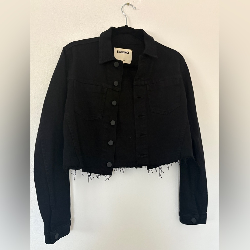 L’AGENCE Black Aria Safety Pin Cropped Distressed Hem Denim Jacket RARE - Picture 3 of 9